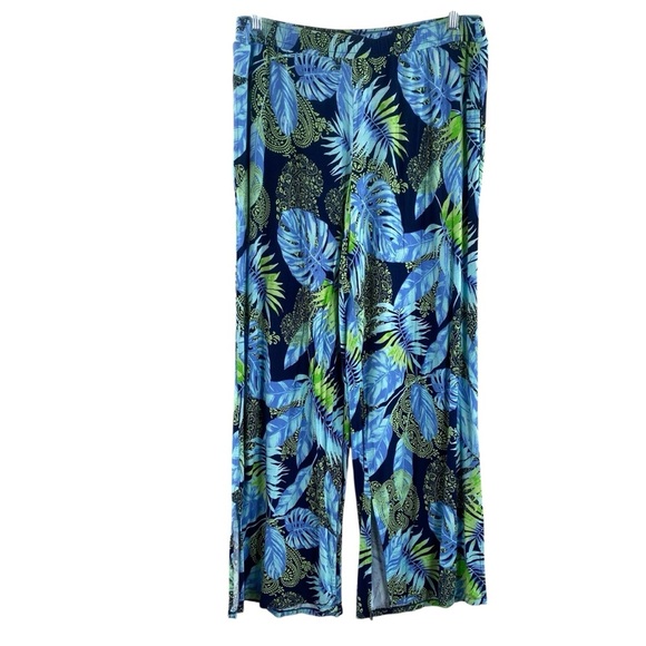 Susan Graver Blue and Green Tropical Patterned Lightweight Beachy Pants Sz L - Picture 1 of 14